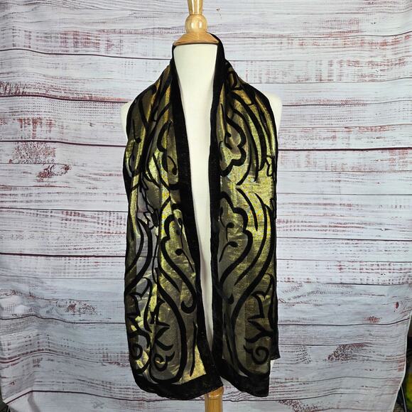 Style & Co Retro Scarf Black Velvet Gold Metallic Whimsigoth Shimmer Holiday NWT - Picture 5 of 10